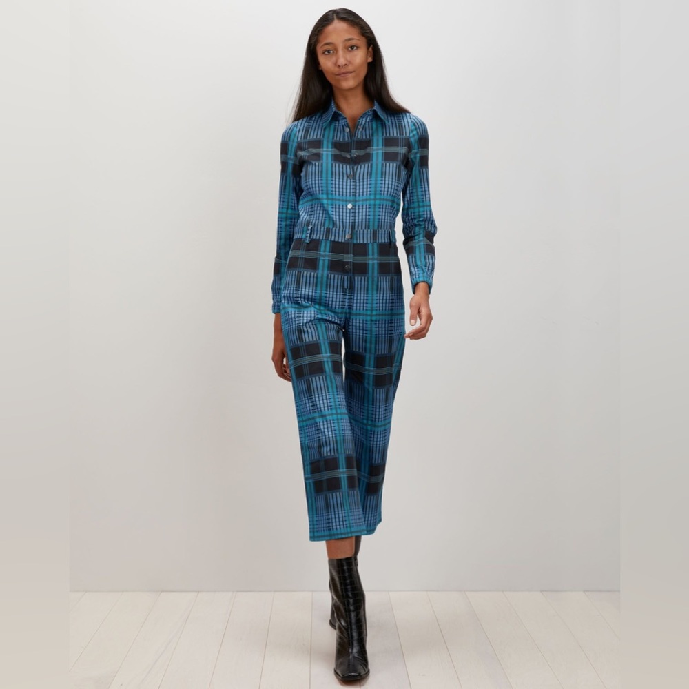 Blue Plaid Cropped Jumpsuit - Women's Ankle Crop